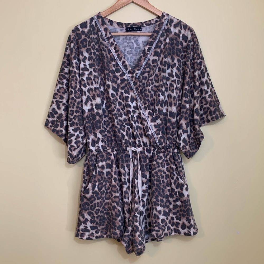 Ella Blue Leopard Relaxed Fit Loungewear Comfy Kimono One Piece Romper Shorts S - Picture 3 of 17